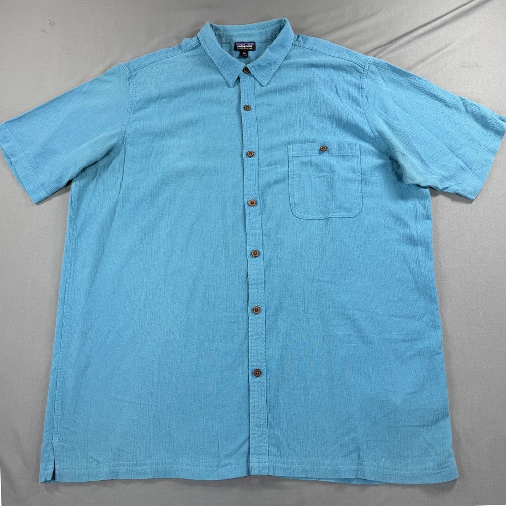 Patagonia Organic Cotton Shirt Men's XXL Blue Short Sleeve Button Front Pocket